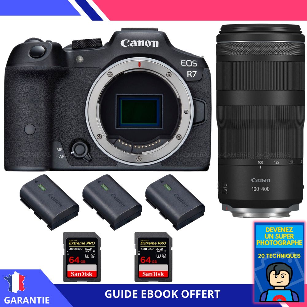 Canon EOS R7 + Objectif RF 100-400mm IS + 2 Cartes SD 64Go SanDisk Extreme PRO UHS-II + 3 Batteries LP-E6NH Canon + Ebook 'Devenez un Super Photographe' - Appareil photo hybride