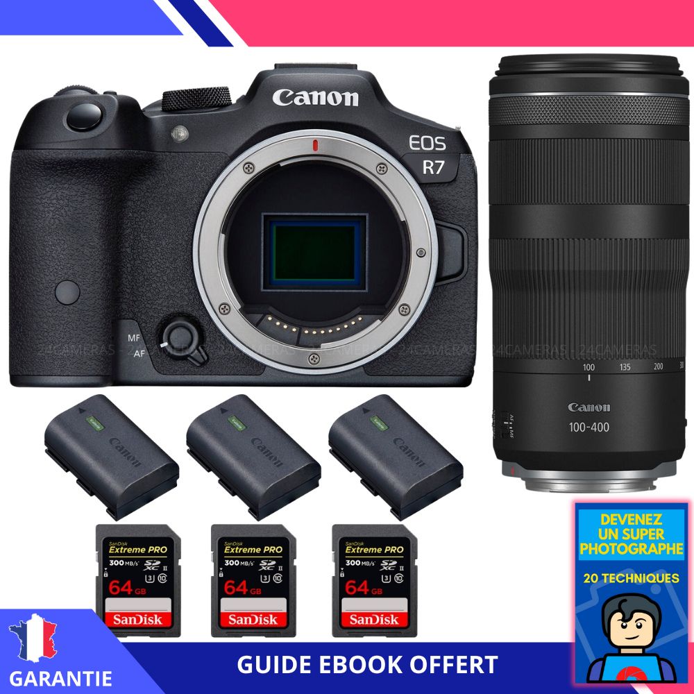 Canon EOS R7 + Objetivo RF 100-400mm IS + 3 Tarjetas SDXC SanDisk 64GB Extreme PRO UHS-II + 3 Baterías LP-E6NH Canon + Ebook 'Conviértete en un Fotógrafo Super' - Cámara Hybrid Canon