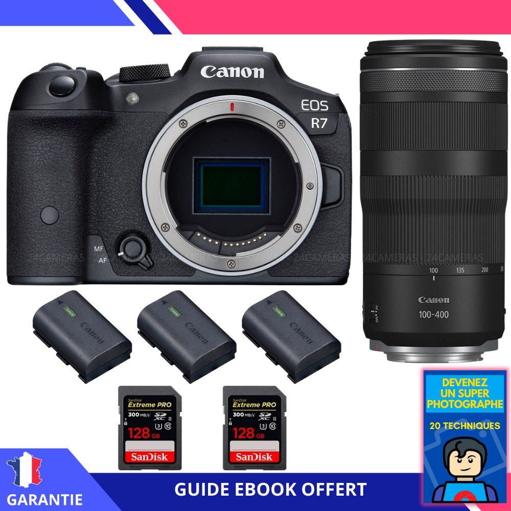 Canon EOS R7 + Objectif RF 100-400mm IS + 2 Cartes SD 128 Go SanDisk Extreme PRO UHS-II + 3 Batteries LP-E6NH Canon + Ebook 'Devenez un Photographe Super' - Appareil Photo Hybride