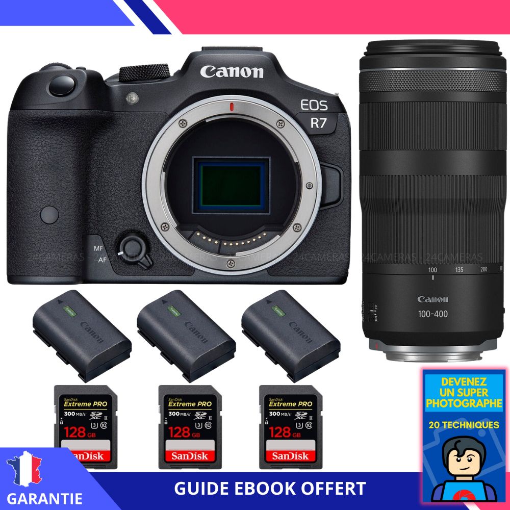 Canon EOS R7 + Lente RF 100-400mm IS + 3 Tarjetas SanDisk 128GB Extreme PRO UHS-II SDXC + 3 Baterías LP-E6NH Canon + Ebook 'Conviértete en un Fotógrafo Profesional'