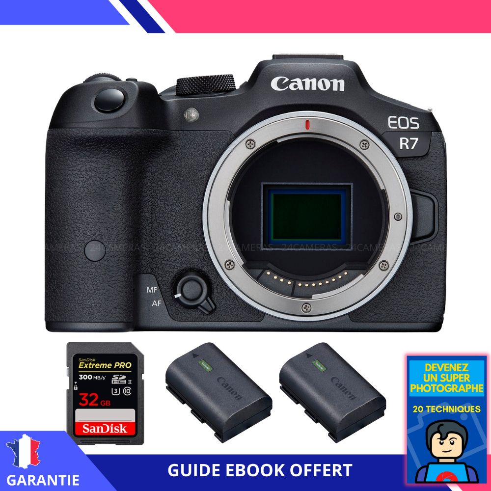 Canon EOS R7 + 1 carte SanDisk 32 Go Extreme PRO UHS-II SDXC 300 Mo/s + 2 batteries Canon LP-E6NH + ebook 'Devenez un super photographe' - Hybride Canon