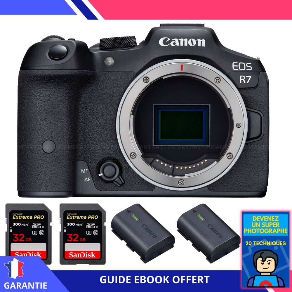 Canon EOS R7 + 2 cartes SanDisk 32 Go Extreme PRO UHS-II SDXC 300 Mo/s + 2 batteries Canon LP-E6NH + ebook 'Devenez un super photographe' - Hybride Canon