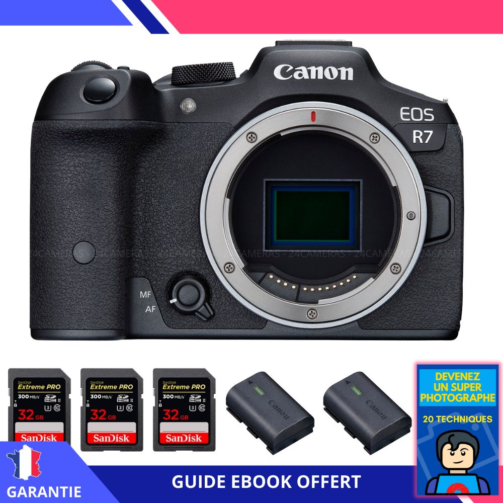 Canon EOS R7 + 3 x 32 Go SanDisk Extreme PRO UHS-II SDXC 300 Mo/s + 2 batteries Canon LP-E6NH + ebook 'Devenez un super photographe' - Hybride Canon