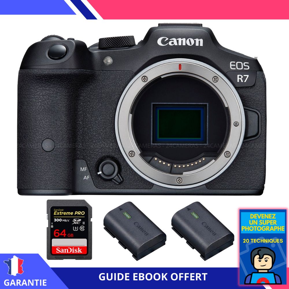 Canon EOS R7 + carte SanDisk 64 Go Extreme PRO UHS-II SDXC 300 Mo/s + 2 batteries Canon LP-E6NH + ebook 'Devenez un Super Photographe' - Hybride Canon