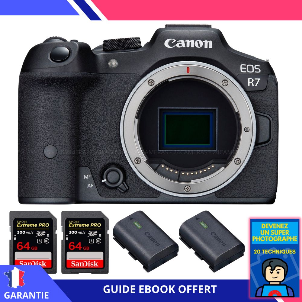 Canon EOS R7 + 2 x 64 Go SanDisk Extreme PRO UHS-II SDXC 300 Mo/s + 2 x Canon LP-E6NH + eBook 'Devenez un Super Photographe' - Hybride Canon
