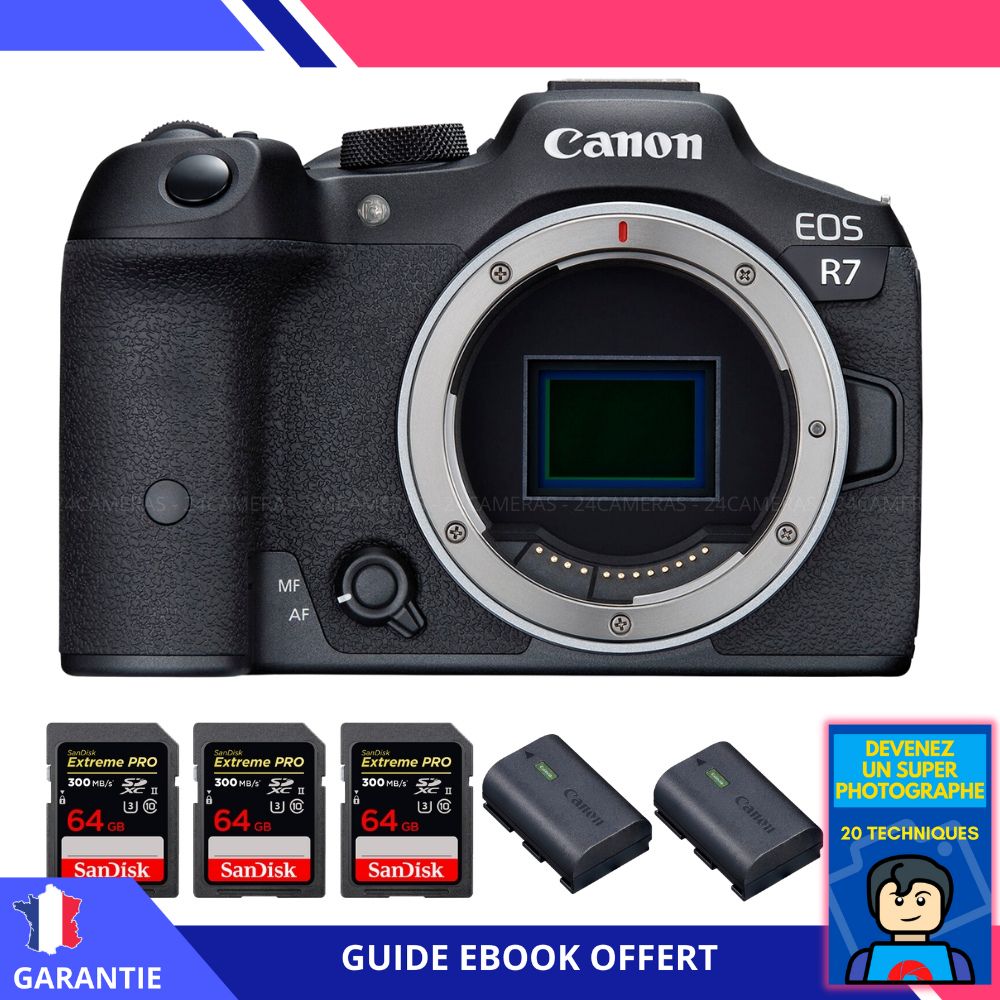 Canon EOS R7 + 3 x 64 Go SanDisk Extreme PRO UHS-II SDXC 300 Mo/s + 2 batteries Canon LP-E6NH + ebook 'Devenez un Super Photographe' - Hybride Canon