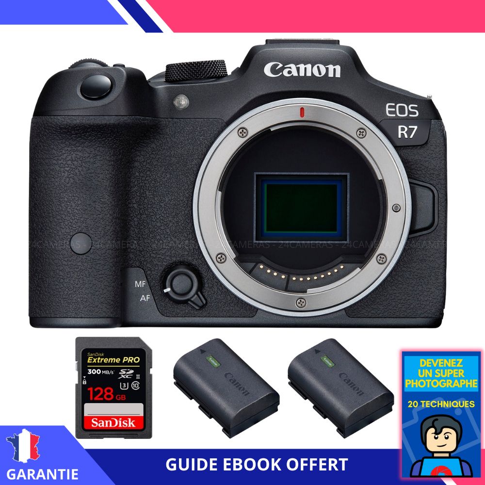 Canon EOS R7 + 1 SanDisk 128 Go Extreme PRO UHS-II Carte SDXC 300 Mo/s + 2 Batteries Canon LP-E6NH + Ebook 'Devenez un Super Photographe' - Hybride Canon