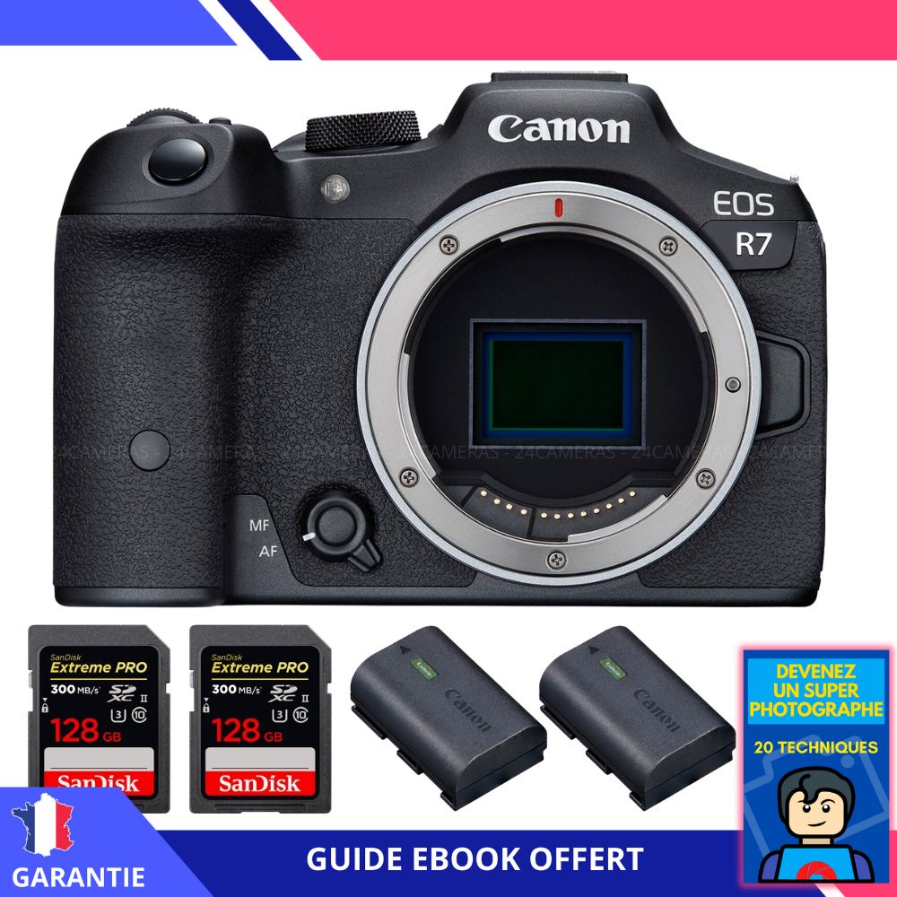 Canon EOS R7 + 2 cartes SanDisk 128 Go Extreme PRO UHS-II SDXC 300 Mo/s + 2 batteries Canon LP-E6NH + ebook 'Devenez un Super Photographe' - Hybrid Canon