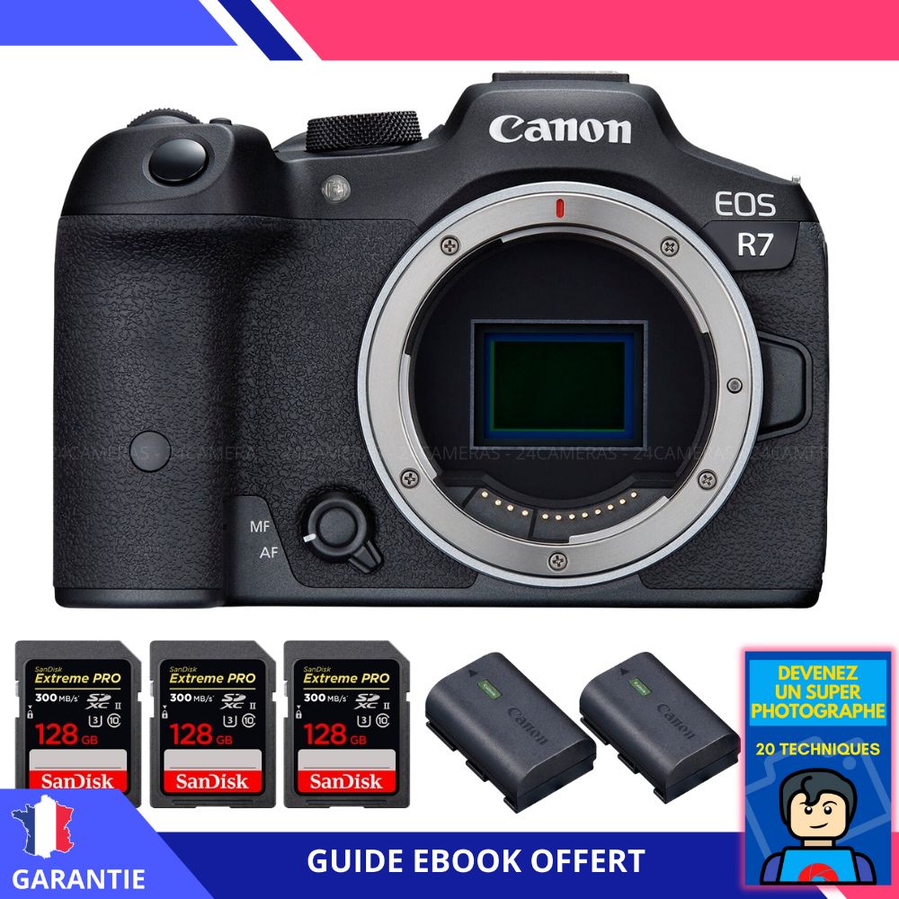 Canon EOS R7 + 3 SanDisk 128 Go Extreme PRO UHS-II SDXC 300 Mo/s + 2 batteries Canon LP-E6NH + ebook 'Devenez un super photographe'