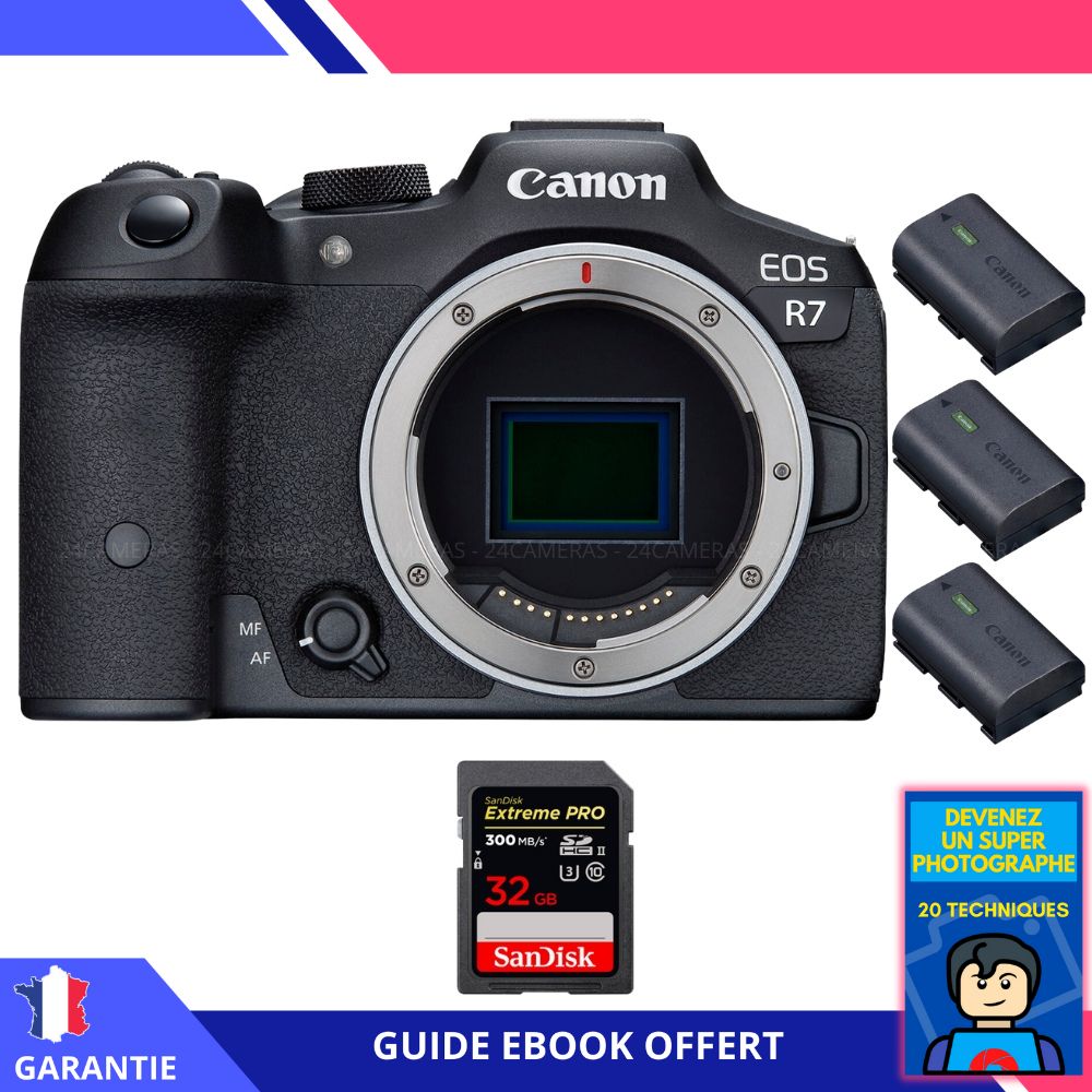 Canon EOS R7 + 1 carte SanDisk 32 Go Extreme PRO UHS-II SDXC 300 Mo/s + 3 batteries Canon LP-E6NH + ebook 'Devenez un super photographe' - Hybride Canon