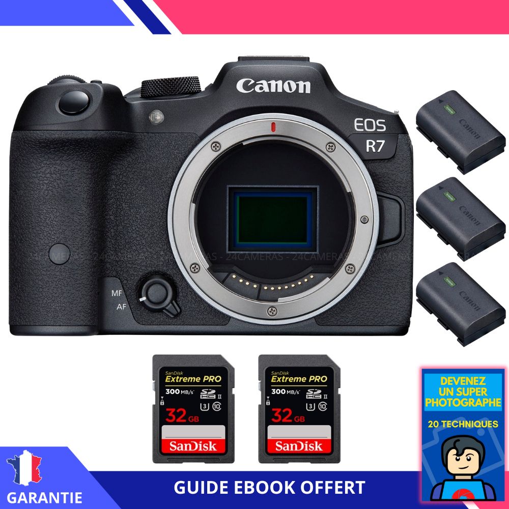 Canon EOS R7 + 2 cartes Sandisk 32 Go Extreme PRO UHS-II SDXC 300 Mo/s + 3 batteries Canon LP-E6NH + livre numérique 'Devenez un super photographe' - Hybride Canon