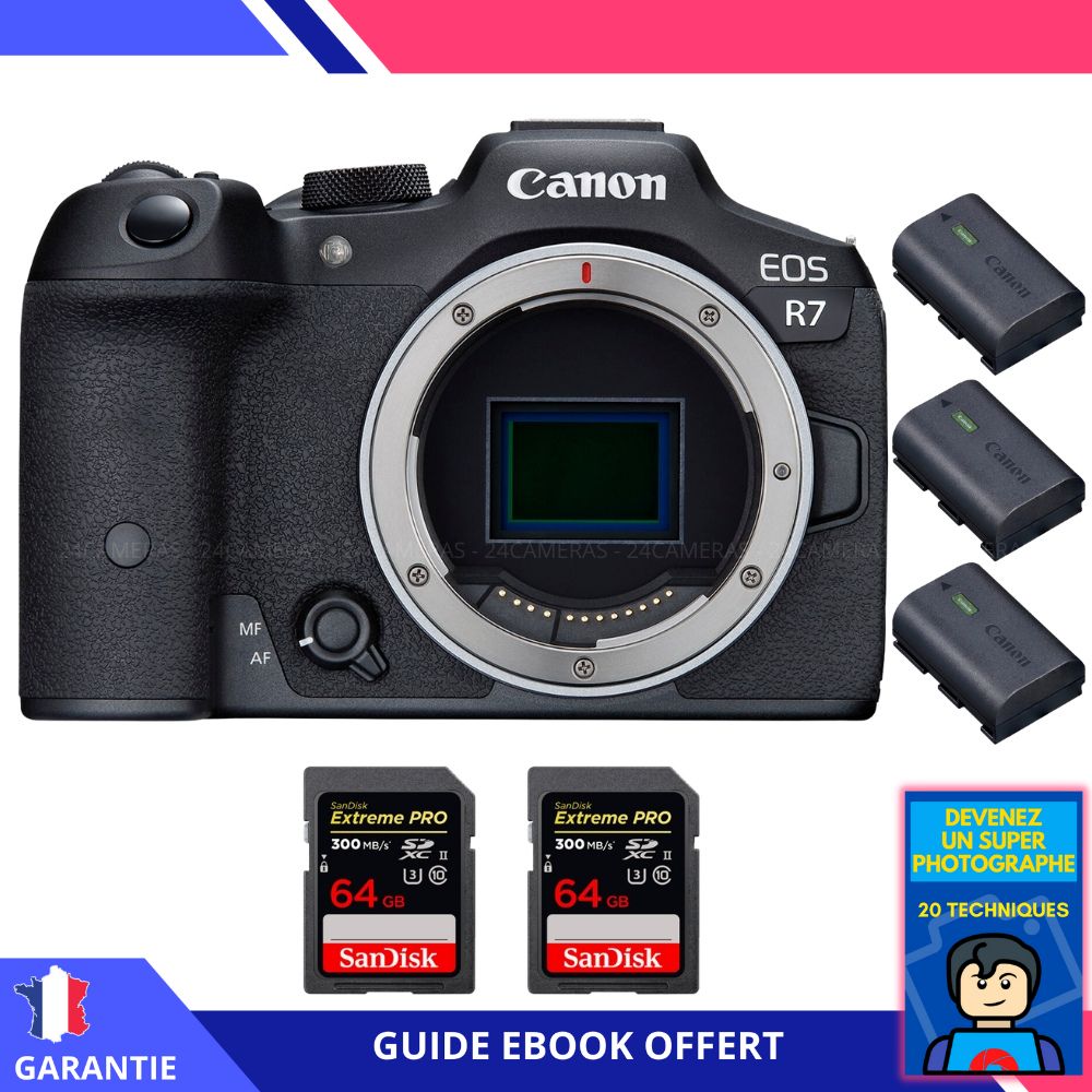 Canon EOS R7 + 2 cartes Sandisk 64 Go Extrême PRO UHS-II SDXC 300 Mo/s + 3 batteries Canon LP-E6NH + ebook 'Devenez un Super Photographe' - Hybride Canon