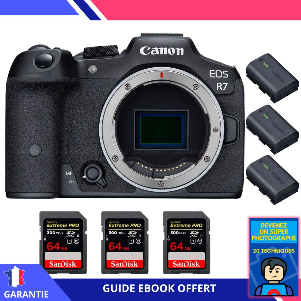 Canon EOS R7 + 3 tarjetas SanDisk 64GB Extreme PRO UHS-II SDXC 300MB/s + 3 baterías Canon LP-E6NH + ebook 'Conviértete en un Super Fotógrafo' - Cámara híbrida Canon