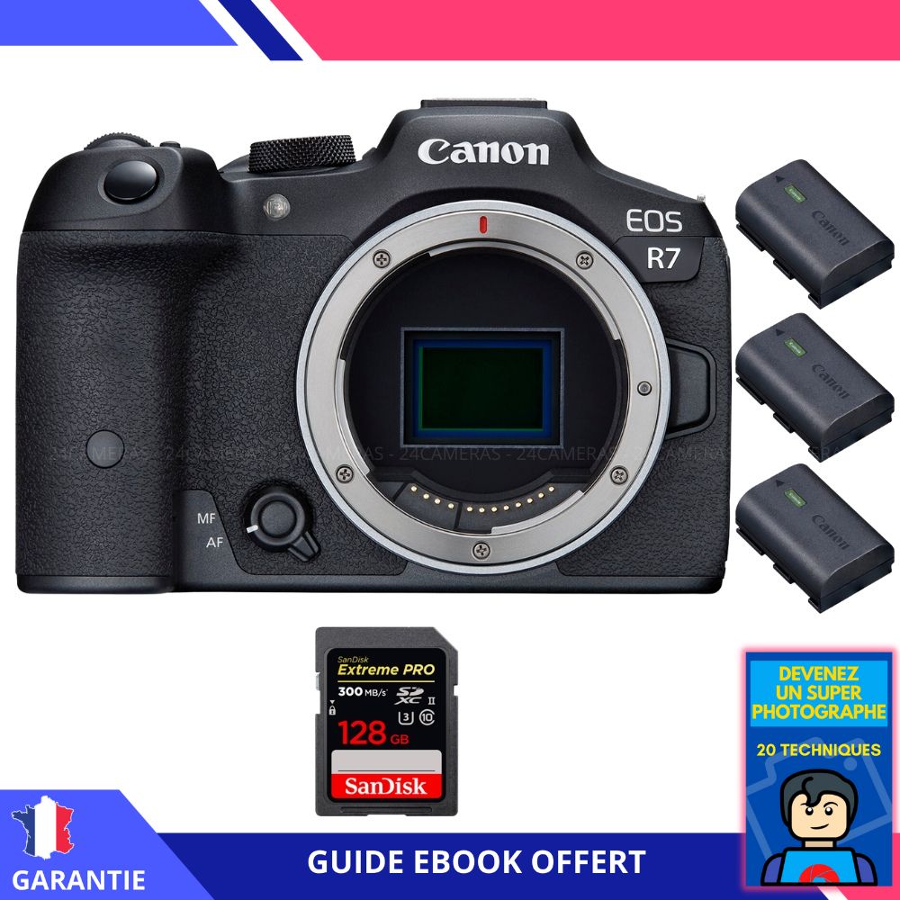 Canon EOS R7 + 1 carte Sandisk 128 Go Extreme PRO UHS-II SDXC 300 Mo/s + 3 batteries Canon LP-E6NH + ebook 'Devenez un super photographe' - Hybride Canon