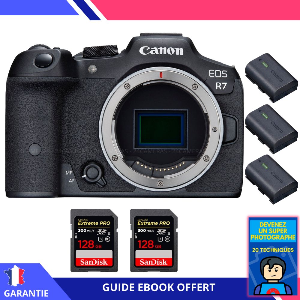Canon EOS R7 + 2 cartes SanDisk 128 Go Extreme PRO UHS-II SDXC 300 Mo/s + 3 batteries Canon LP-E6NH + ebook 'Devenez un super photographe' - Hybrid Canon