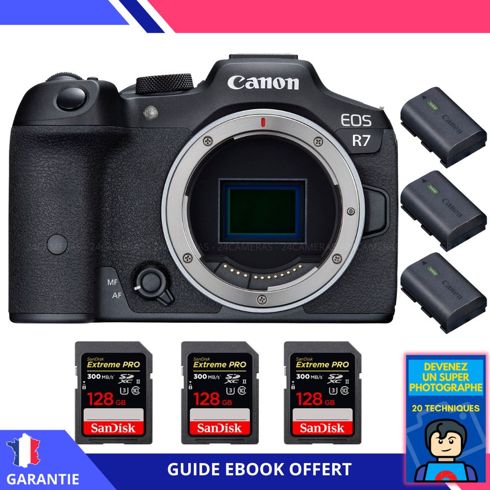 Canon EOS R7 + 3 tarjetas SanDisk 128GB Extreme PRO UHS-II SDXC 300 MB/s + 3 baterías Canon LP-E6NH + libro electrónico 'Conviértete en un Super Fotógrafo' - Hybrid Canon