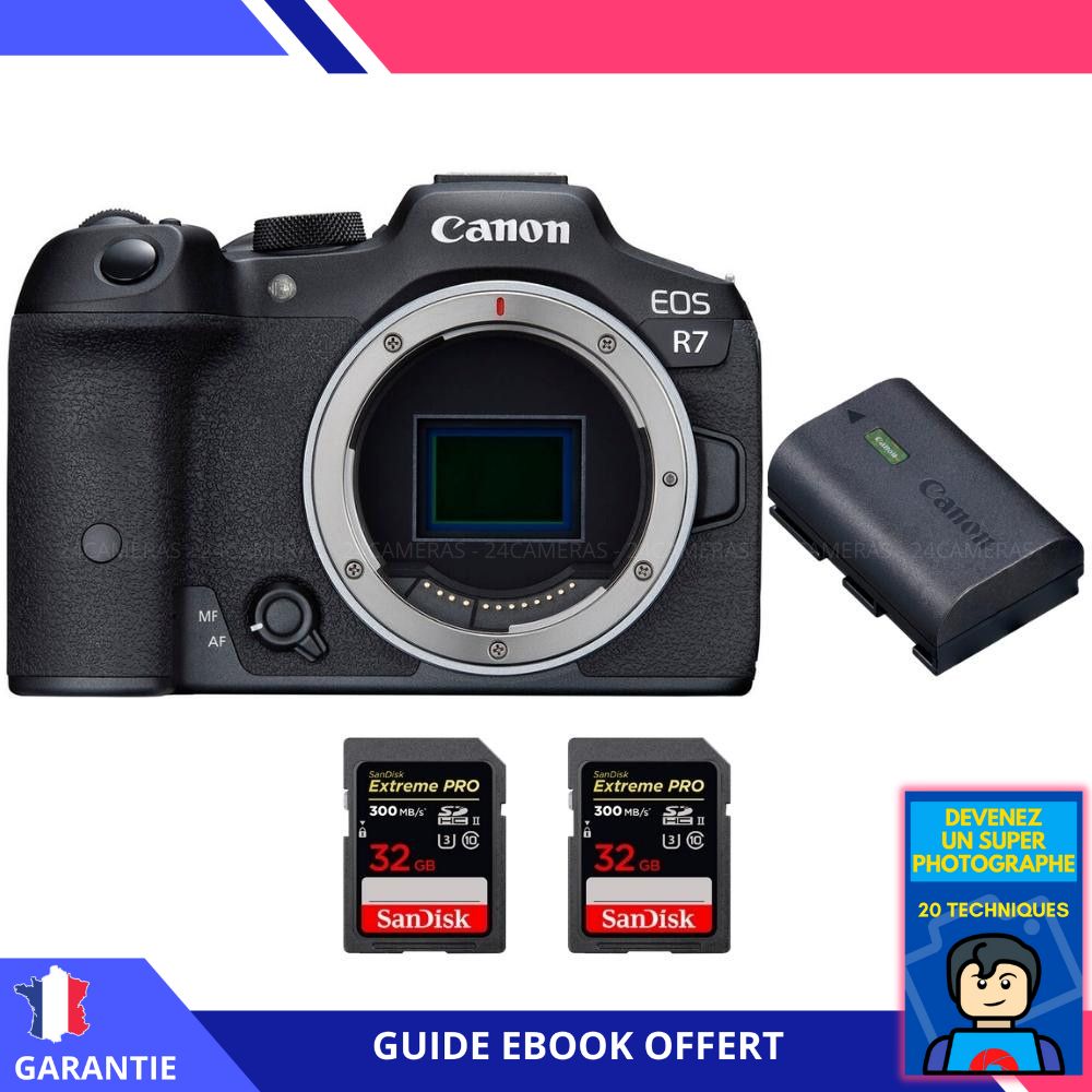Canon EOS R7 + batería LP-E6NH + 2x 32GB SanDisk Extreme PRO UHS-II SDXC + eBook 'Conviértete en un fotógrafo súper' - híbrido Canon