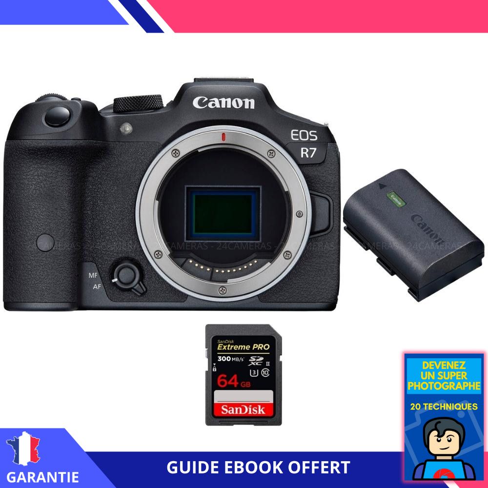Cámara híbrida Canon EOS R7 + batería LP-E6NH + tarjeta SDXC SanDisk 64GB Extreme PRO UHS-II 300 MB/s + ebook 'Conviértete en un fotógrafo súper'