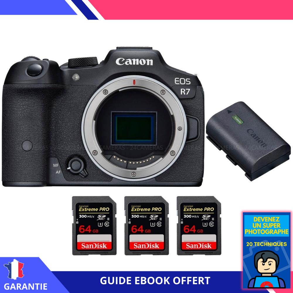 Appareil photo hybride Canon EOS R7 + batterie LP-E6NH + 3 cartes SanDisk 64 Go Extreme PRO UHS-II