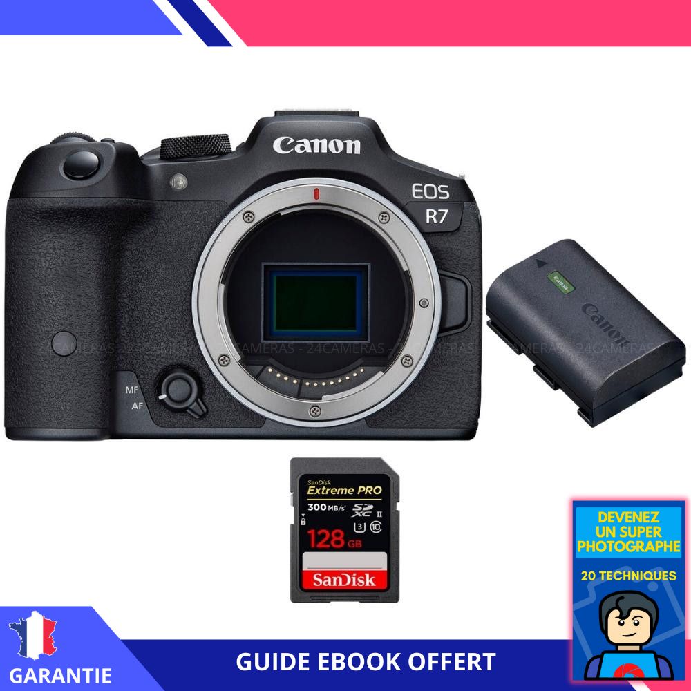 Canon EOS R7 + batería LP-E6NH + tarjeta SDXC de 128 GB SanDisk Extreme PRO UHS-II 300 MB/s + ebook 'Conviértete en un fotógrafo super' - Cámara híbrida Canon