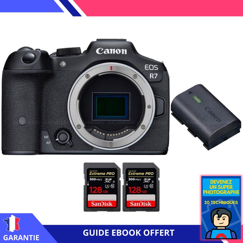 Canon EOS R7 + batería LP-E6NH + 2 tarjetas SDXC SanDisk de 128 GB Extreme PRO UHS-II + ebook 'Conviértete en un fotógrafo súper'