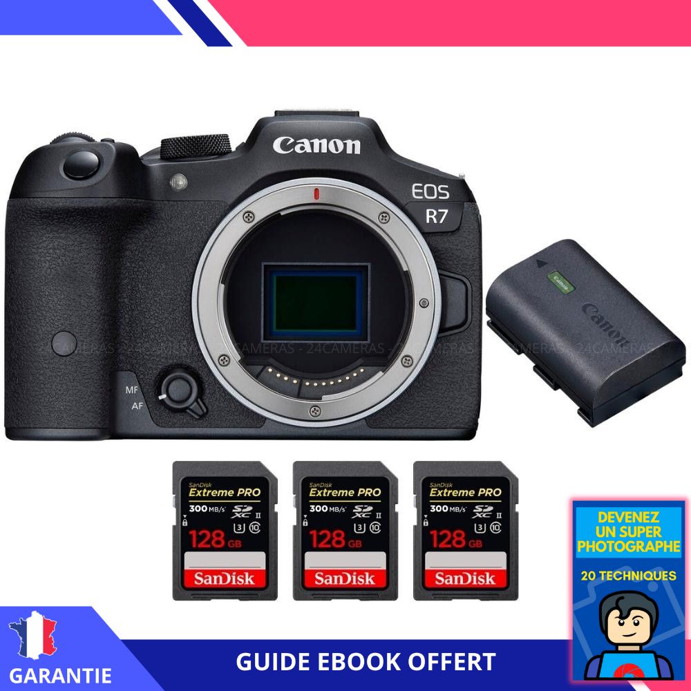 Canon EOS R7 + batterie LP-E6NH + 3 cartes SDXC 128 Go SanDisk Extreme PRO UHS-II + ebook 'Devenez un super photographe' - hybride Canon