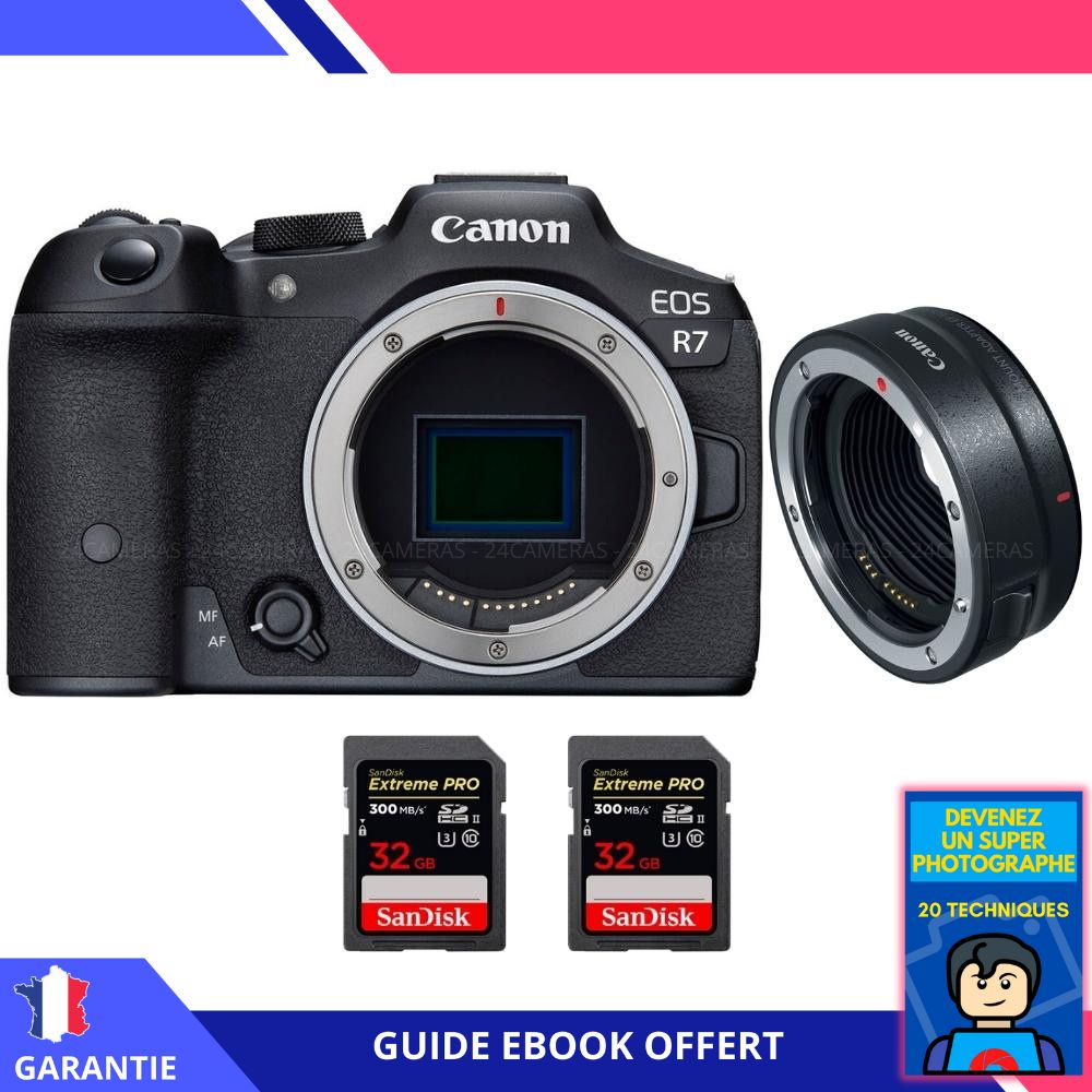 Canon EOS R7 + EF-EOS R + 2 cartes mémoire SanDisk 32 Go Extreme PRO UHS-II SDXC 300 Mo/s + livre électronique 'Devenez un super photographe' - Hybride Canon