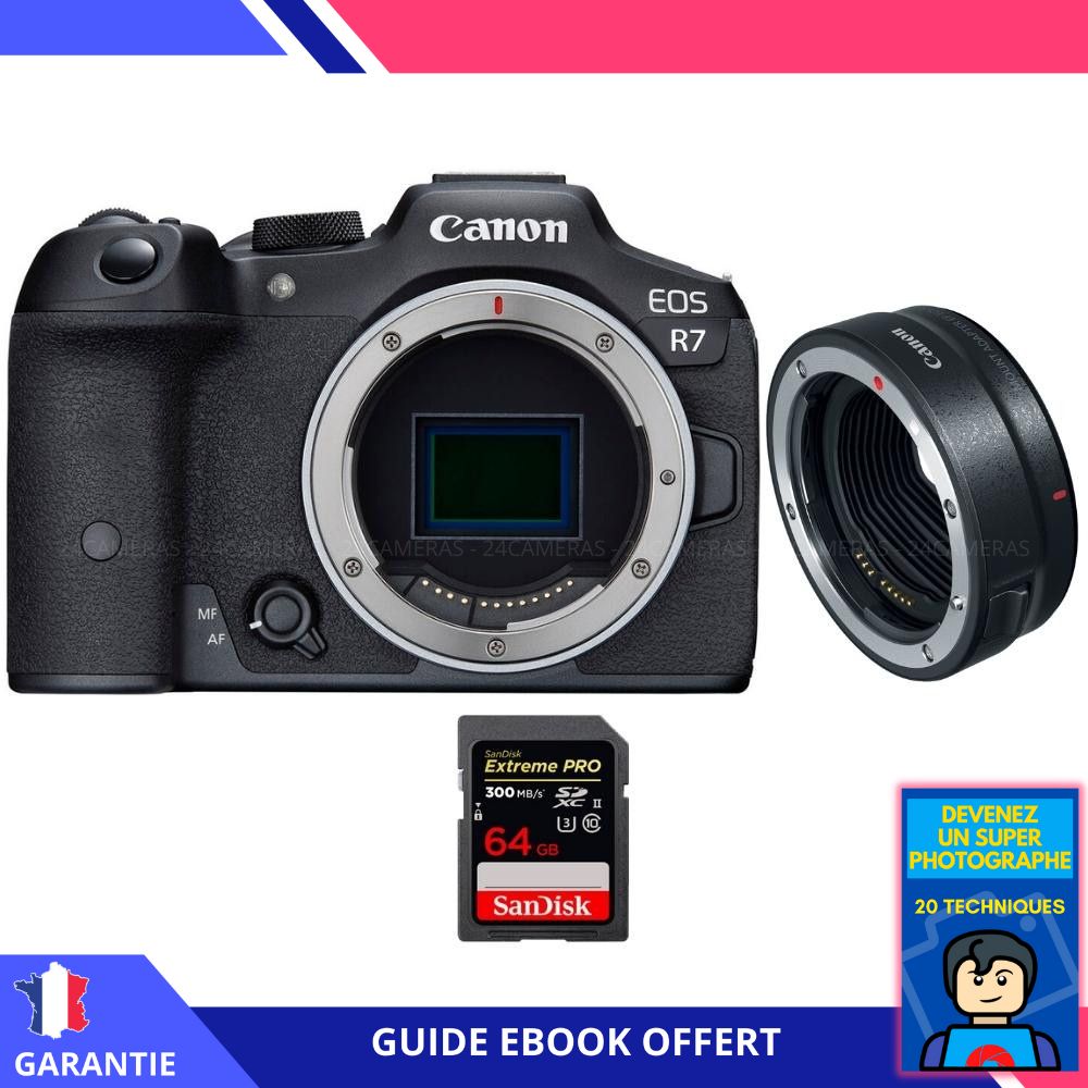 Canon EOS R7 + EF-EOS R + 1 SanDisk 64 Go Extreme PRO UHS-II Carte SD XC 300 Mo/s + Livre électronique 'Devenez un Super Photographe' - Hybrid Canon