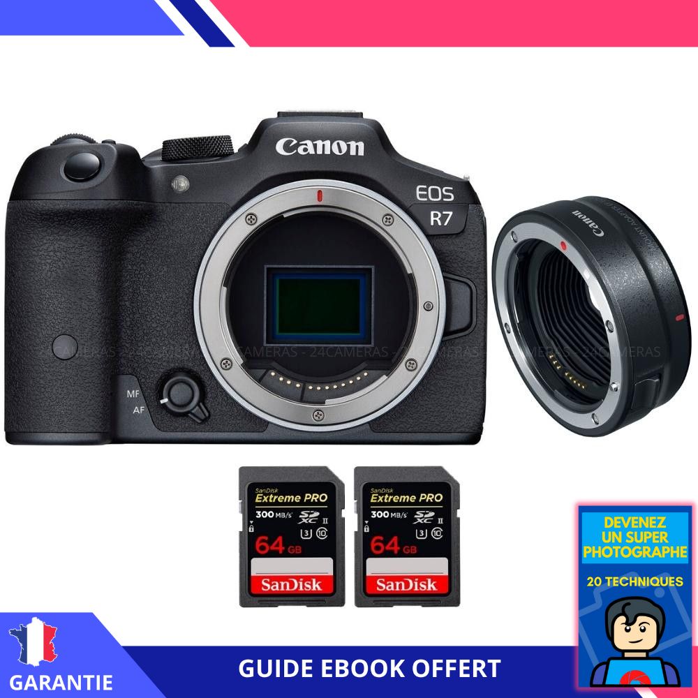 Canon EOS R7 + objectif EF-EOS R + 2 cartes mémoire SanDisk 64 Go Extreme PRO UHS-II SDXC 300 Mo/s + ebook 'Devenez un photographe super' - appareil photo hybride Canon