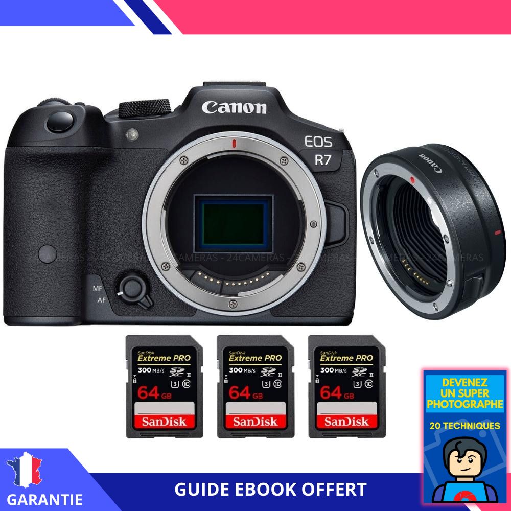 Canon EOS R7 + EF-EOS R + 3 Carte mémoire SanDisk 64 Go Extreme PRO UHS-II SDXC 300 Mo/s Kit - Appareil photo hybride