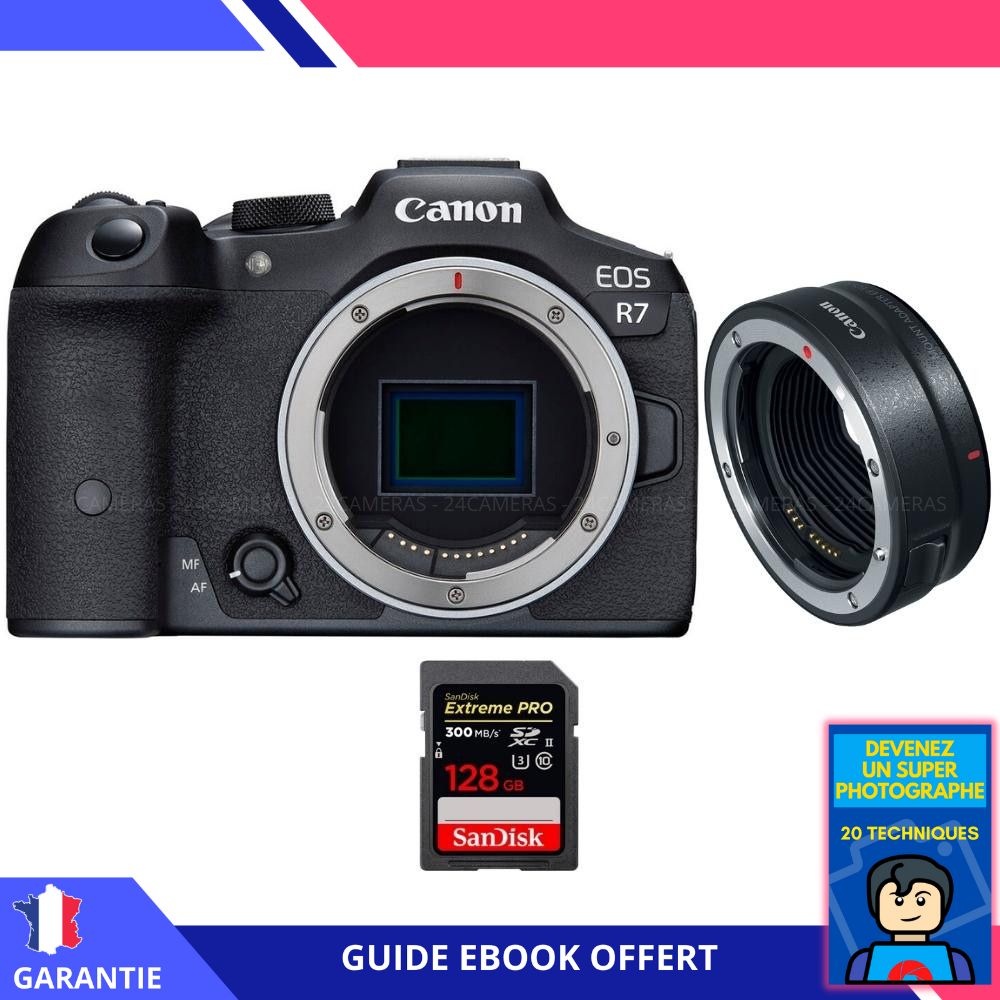 Canon EOS R7 + EF-EOS R + Carte Sandisk 128Go Extreme PRO UHS-II SDXC 300 Mo/s + Ebook 'Devenez un Super Photographe' - Appareil photo hybride Canon