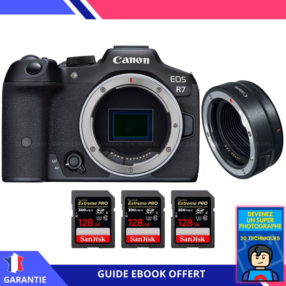 Canon EOS R7 + EF-EOS R + 3 SanDisk 128 Go Extreme PRO UHS-II Carte SDXC 300 Mo/s + Ebook 'Devenez Un Super Photographe' - Appareil photo hybride Canon