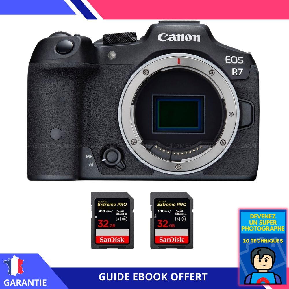 Canon EOS R7 + 2 SanDisk 32GB Extreme PRO UHS-II SDXC 300MB/s + Ebook 'Devenez Un Super Photographe' - Hybrid Canon