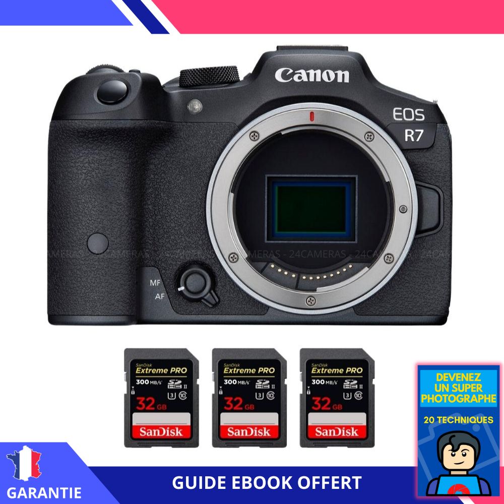 Canon EOS R7 + 3 SanDisk 32GB Extreme PRO UHS-II SDXC 300MB/s Memory Card Kit - Hybrid Canon Camera