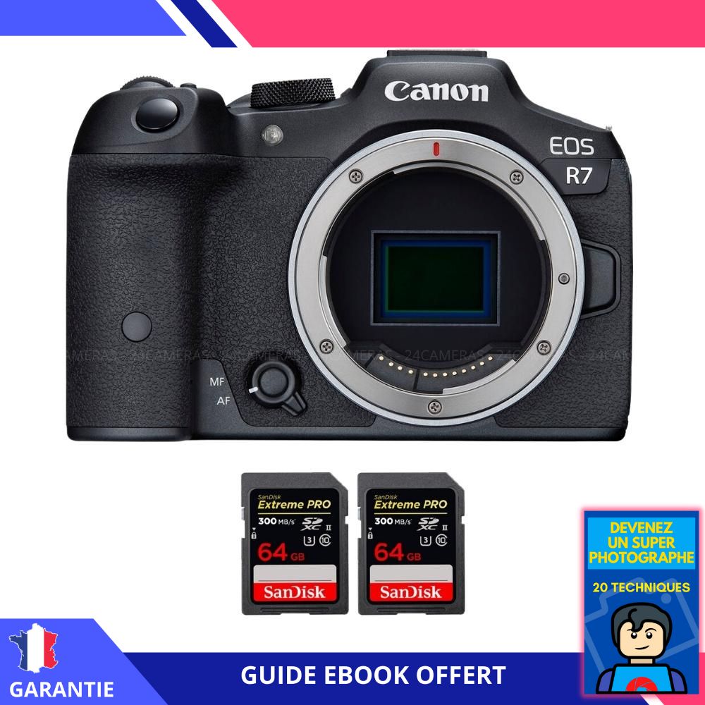 Canon EOS R7 + 2 SanDisk 64GB Extreme PRO UHS-II SDXC 300MB/s Card Kit - Hybrid Canon Camera