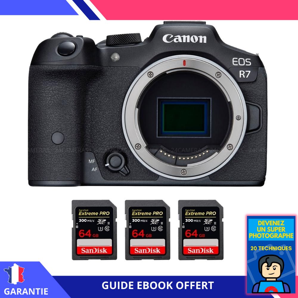 Canon EOS R7 + 3 SanDisk 64GB Extreme PRO UHS-II SDXC 300MB/s Memory Card Kit - Hybrid Canon Camera