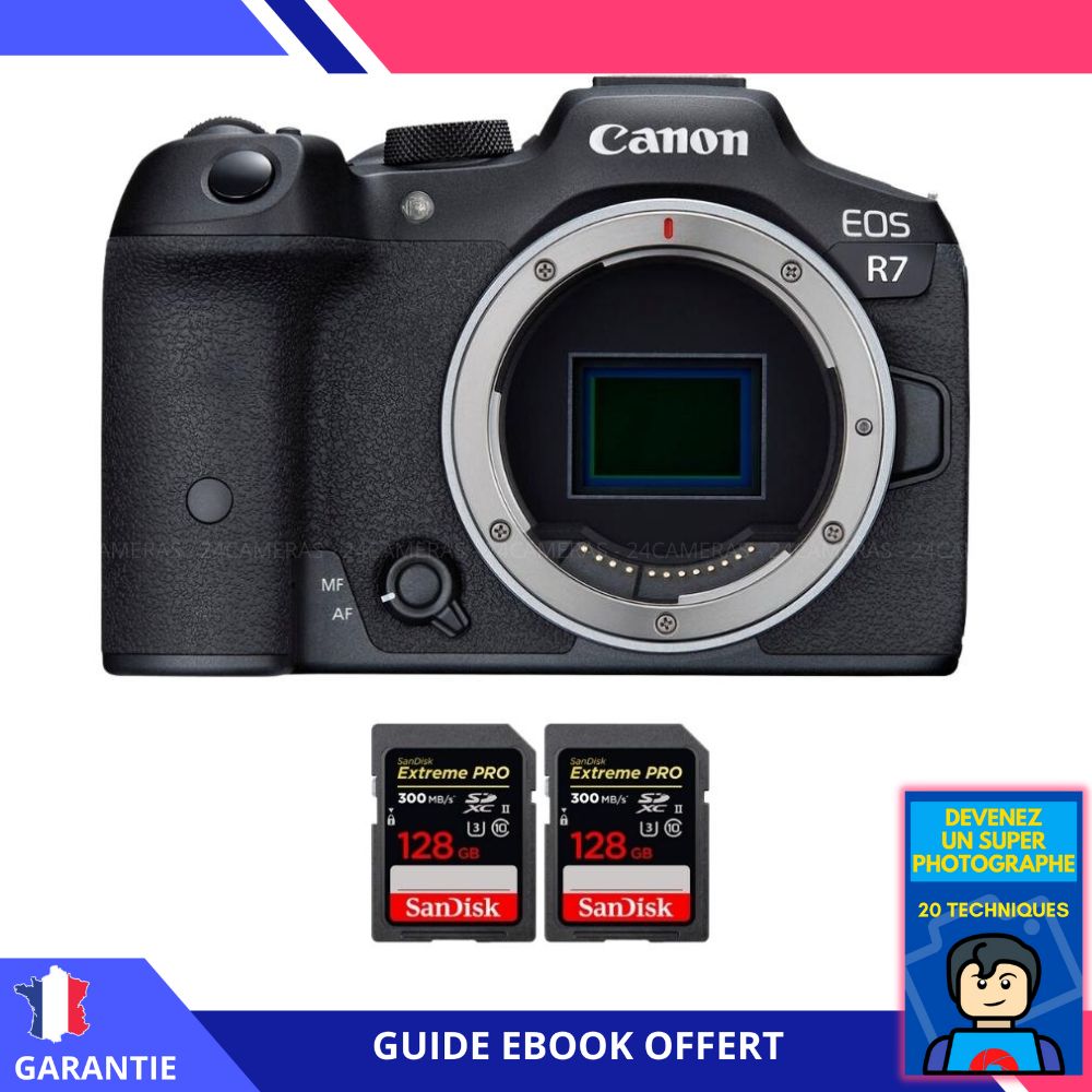 Canon EOS R7 + 2 SanDisk 128GB Extreme PRO UHS-II SDXC 300MB/s Memory Cards + 'Become a Super Photographer' Ebook - Hybrid Canon