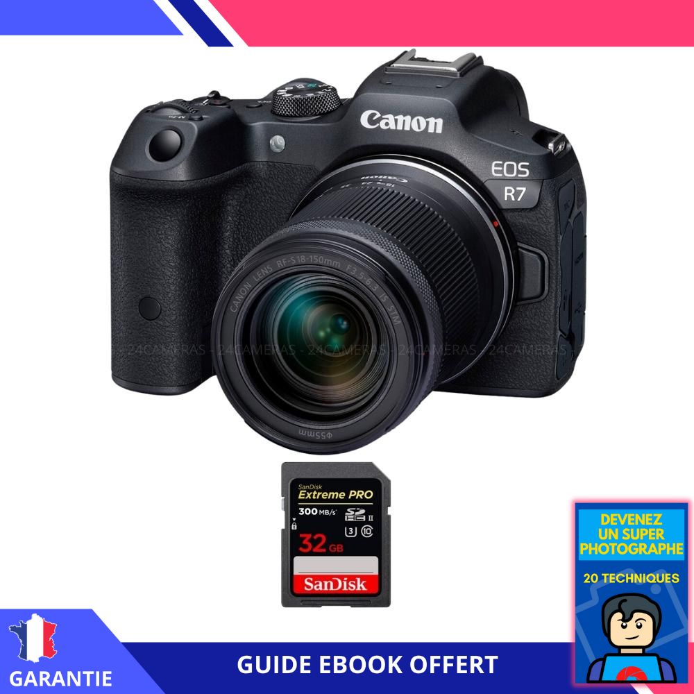 Canon EOS R7 + objectif RF-S 18-150mm STM + carte Sandisk 32Go Extreme PRO UHS-II SDXC 300Mo/s + ebook 'Devenez un super photographe' - Appareil hybride Canon