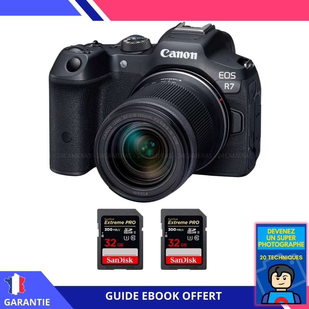 Canon EOS R7 + RF-S 18-150 mm STM + 2 cartes SanDisk 32 Go Extreme PRO UHS-II SDXC 300 Mo/s + ebook 'Devenez un Super Photographe' - Hybride Canon
