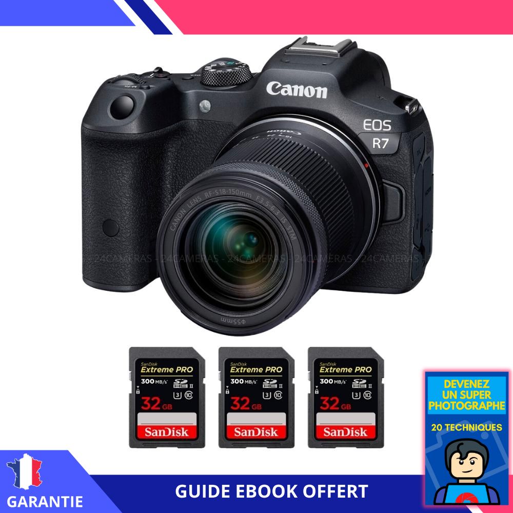 Canon EOS R7 + objectif RF-S 18-150mm STM + 3 cartes SanDisk 32 Go Extreme PRO UHS-II SDXC 300 Mo/s + ebook 'Devenez un Super Photographe' - Hybride Canon
