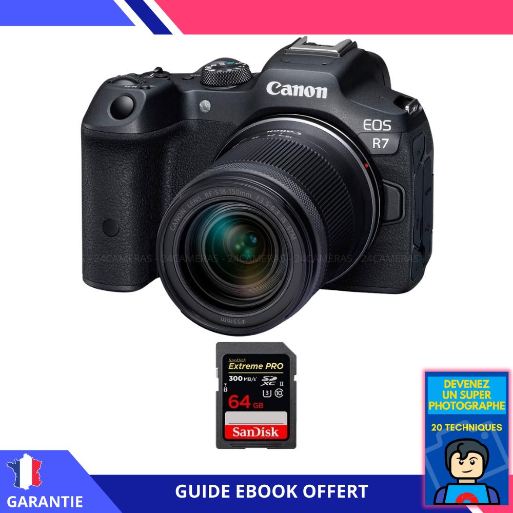 Appareil photo hybride Canon EOS R7 + Objectif RF-S 18-150mm STM + 1 carte SanDisk 64 Go Extreme PRO UHS-II SDXC 300 Mo/s + Ebook 'Devenez un Super Photographe'