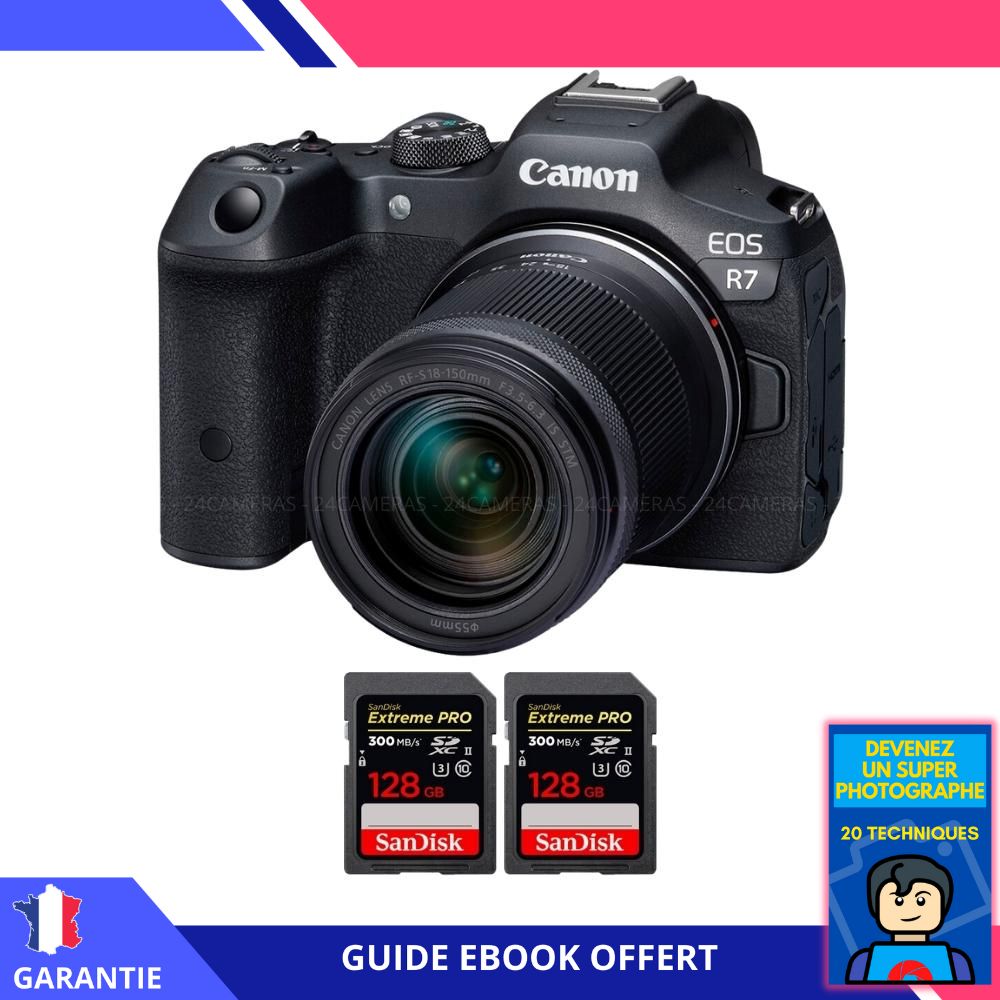 Canon EOS R7 + Objectif RF-S 18-150mm STM + 2 Cartes SanDisk 128Go Extreme PRO UHS-II SDXC 300 Mo/s + Ebook 'Devenez un Super Photographe' - Appareil Photo Hybride