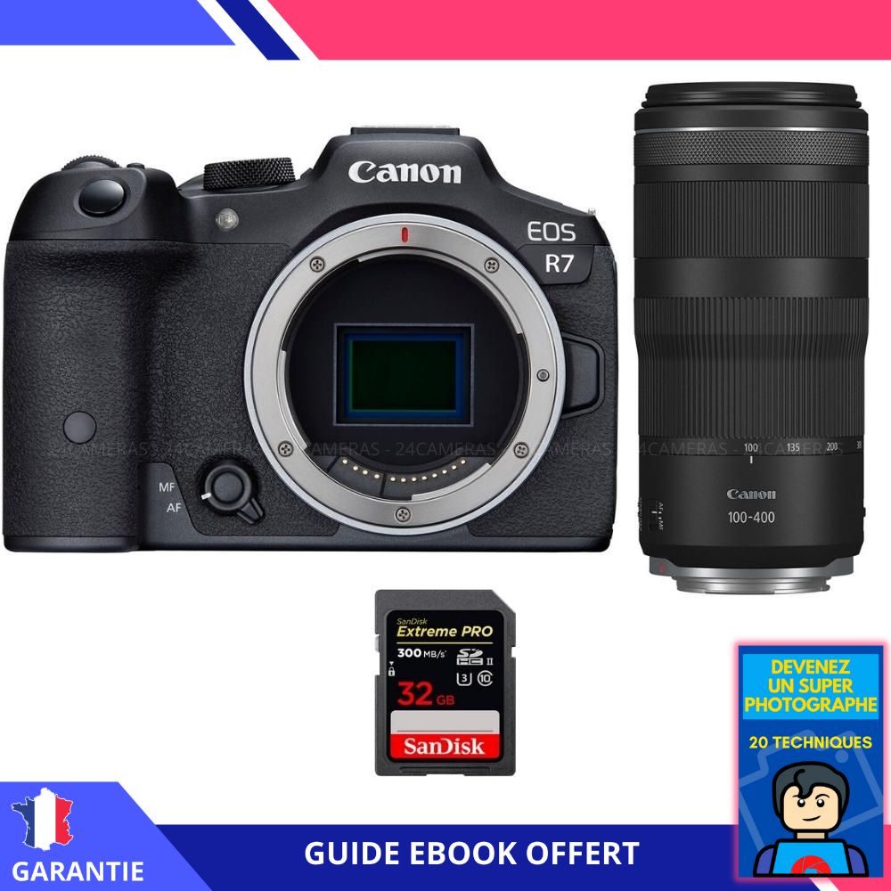 Canon EOS R7 + objectif RF 100-400mm IS + carte Sandisk 32Go Extreme PRO UHS-II SDXC 300Mo/s + ebook 'Devenez un Super Photographe' - Hybride Canon