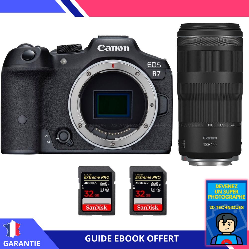 Canon EOS R7 + Objectif RF 100-400mm IS + 2 Cartes Sandisk 32Go Extreme PRO UHS-II SDXC 300 Mo/s + Ebook 'Devenez un Super Photographe' - Hybride Canon