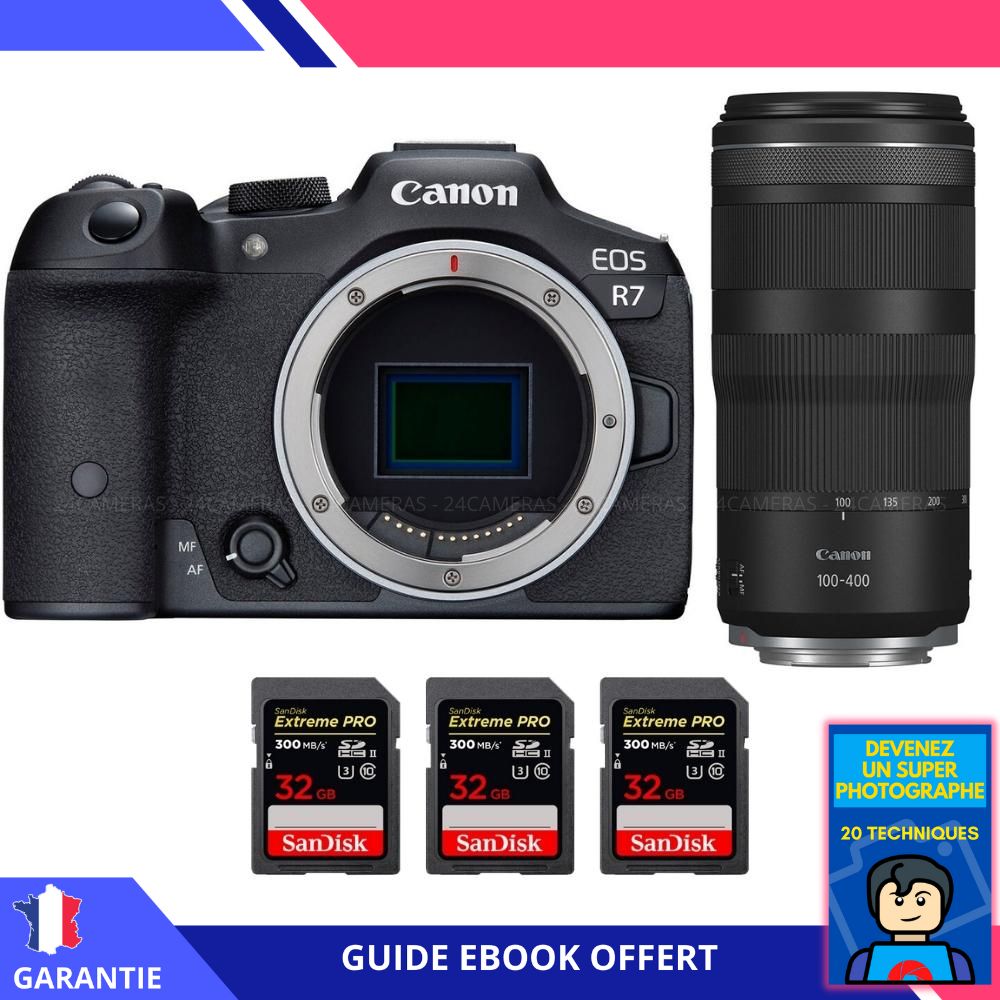 Canon EOS R7 + Objetivo RF 100-400 mm IS + 3 Tarjetas de memoria SanDisk 32 GB Extreme PRO UHS-II SDXC 300 Mo/s + Ebook 'Conviértete en un Super Fotógrafo' - Cámara híbrida Canon