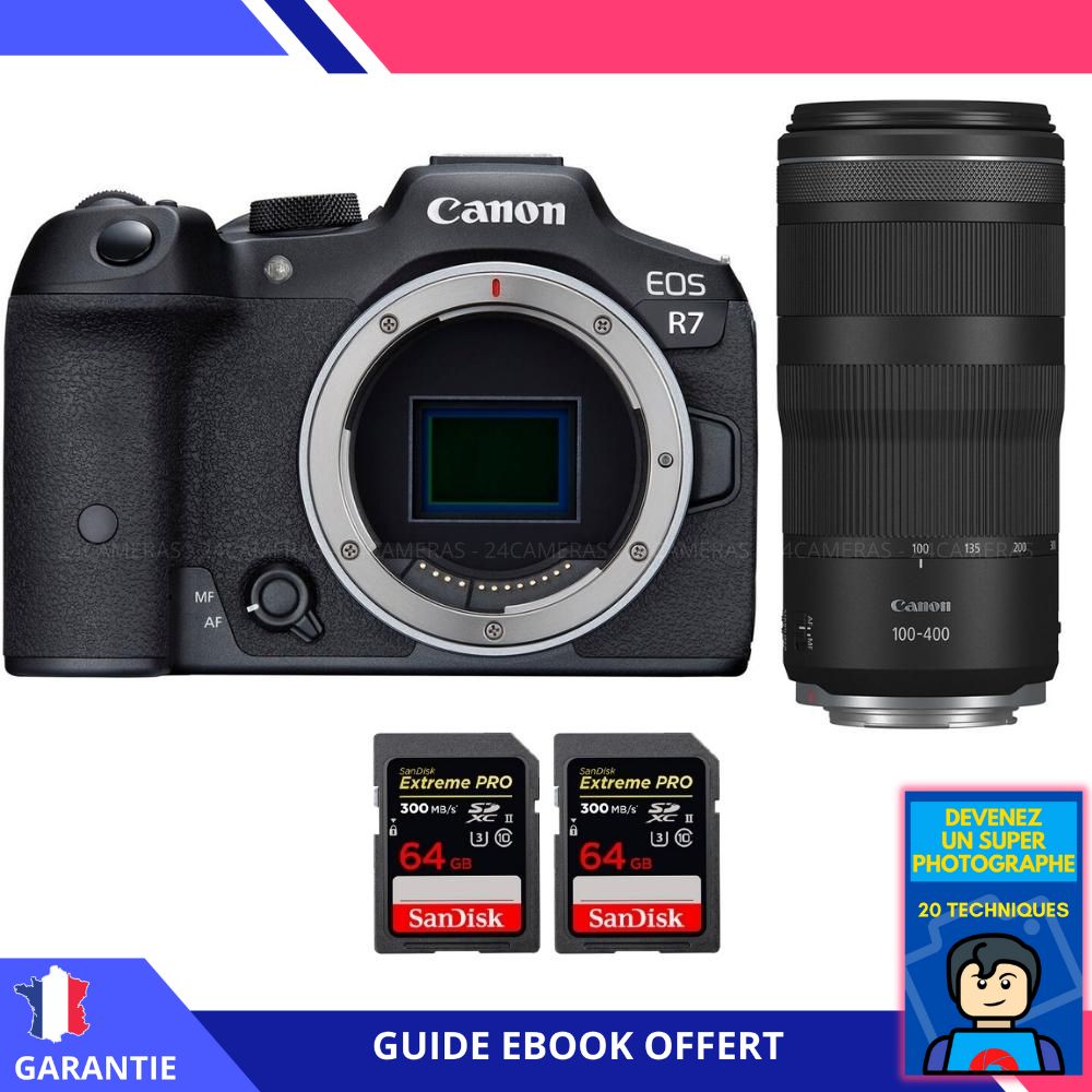 Canon EOS R7 + Objectif RF 100-400mm IS + 2 Cartes Sandisk 64 Go Extreme PRO UHS-II SDXC 300 Mo/s + Guide électronique 'Devenez un super photographe' - Hybride Canon