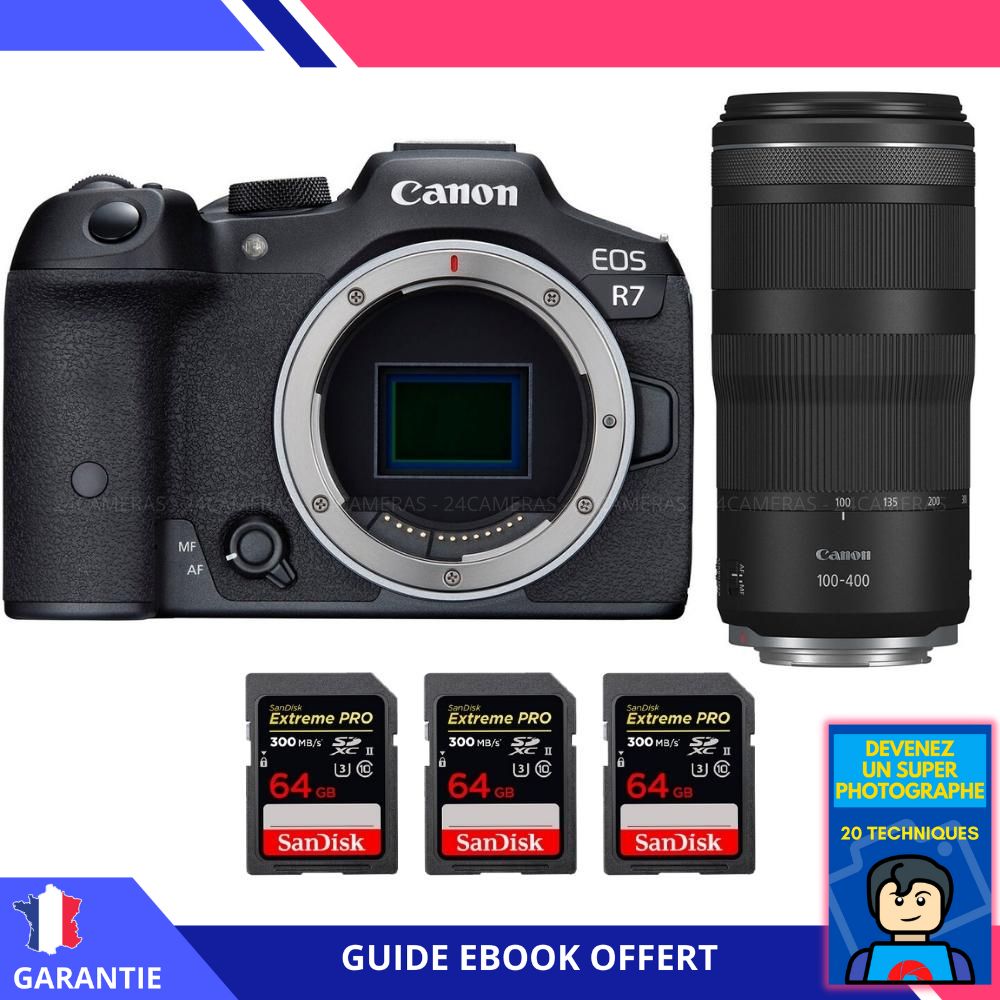 Canon EOS R7 + objectif RF 100-400mm IS + 3 cartes SanDisk 64 Go Extreme PRO UHS-II SDXC 300 Mo/s + ebook 'Devenez un Super Photographe' - Hybride Canon