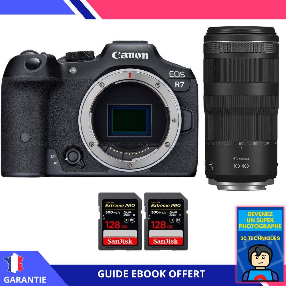 Canon EOS R7 + RF 100-400mm IS + 2 cartes SanDisk 128 Go Extreme PRO UHS-II SDXC 300 Mo/s + Ebook 'Devenez un Super Photographe' - Hybride Canon