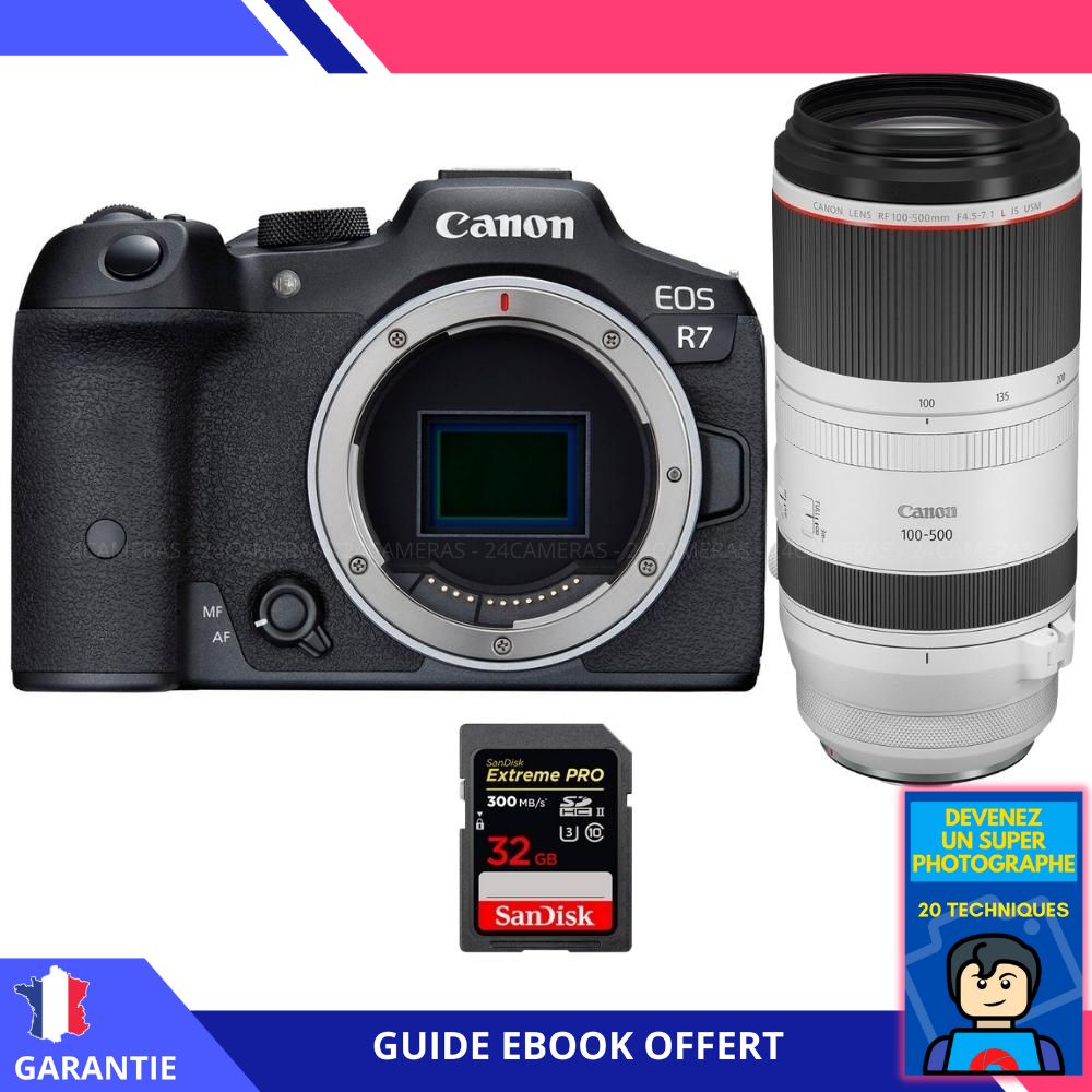 Canon EOS R7 + RF 100-500mm F4.5-7.1 L IS USM + 1 SanDisk 32GB Extreme PRO UHS-II SDXC 300 MB/s + Ebook 'Devenez Un Super Photographe' - Hybrid Canon
