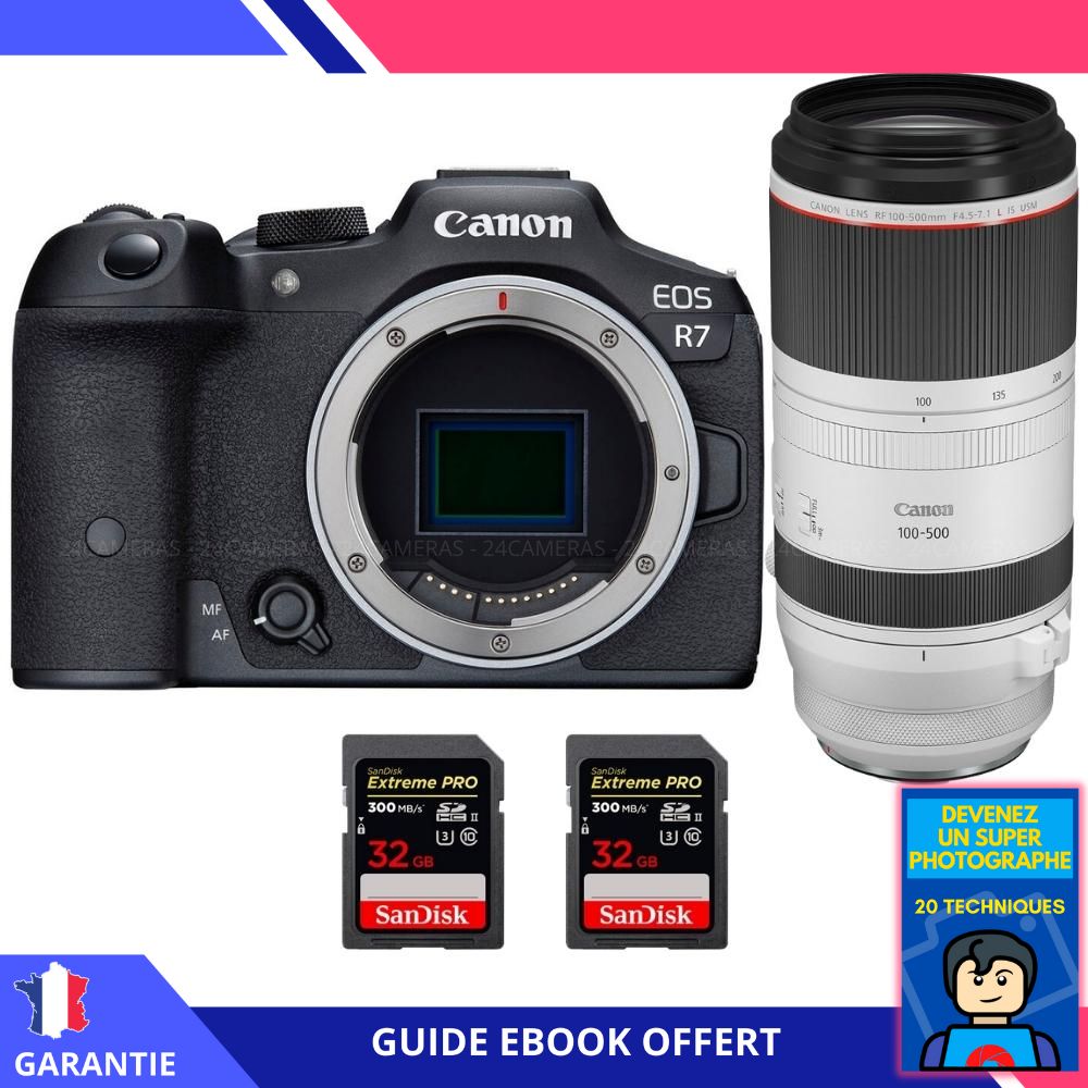 Canon EOS R7 + RF 100-500mm F4.5-7.1 L IS USM + 2 SanDisk 32GB Extreme PRO UHS-II SDXC 300 MB/s + Ebook 'Devenez Un Super Photographe' - Hybrid Canon